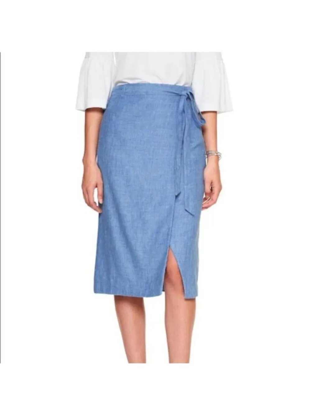 Banana Republic Blue Midi Linen Blend Faux Wrap A-Line Skirt Women Petite 2